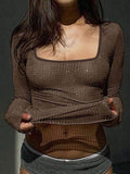 Devine Square Neck Long Sleeve Eyelet T-Shirt - Hovatok