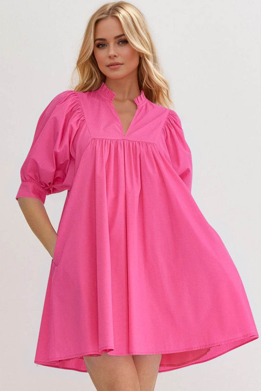 Oh Frill Notched Puff Sleeve Babydoll Mini Dress - Hovatok