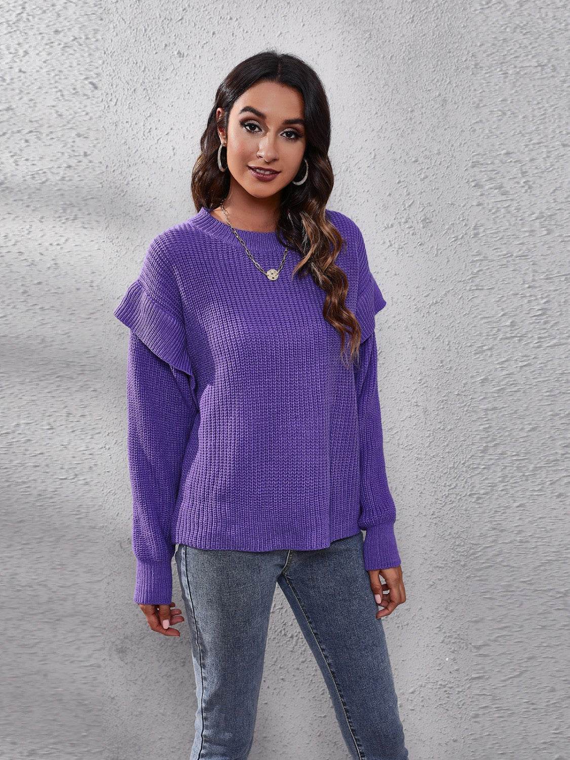 Ruffled Round Neck Dropped Shoulder Sweater - Hovatok