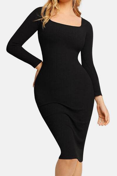 Basic Bae Full Size Built-In Shapewear Square Neck Long Sleeve Dress - Hovatok