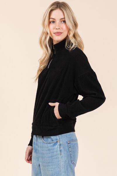 BOMBOM Quarter Zip Long Sleeve Sweatshirt with Pockets - Hovatok