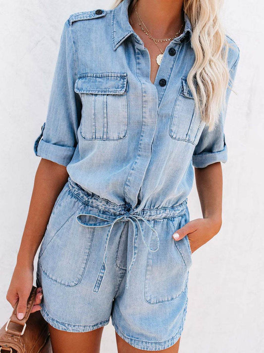 Drawstring Half Button Half Sleeve Denim Romper - Hovatok