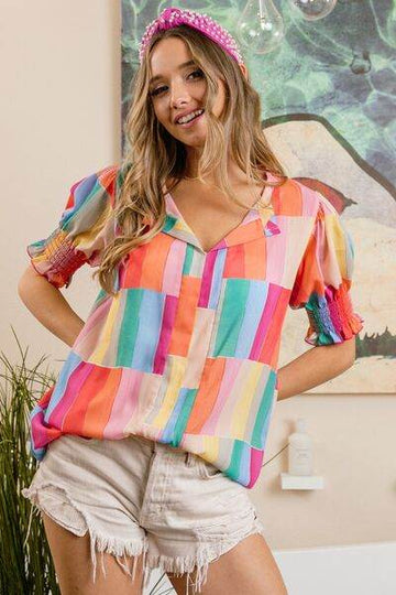 BiBi Color Block Smocked Short Sleeve Blouse - Hovatok