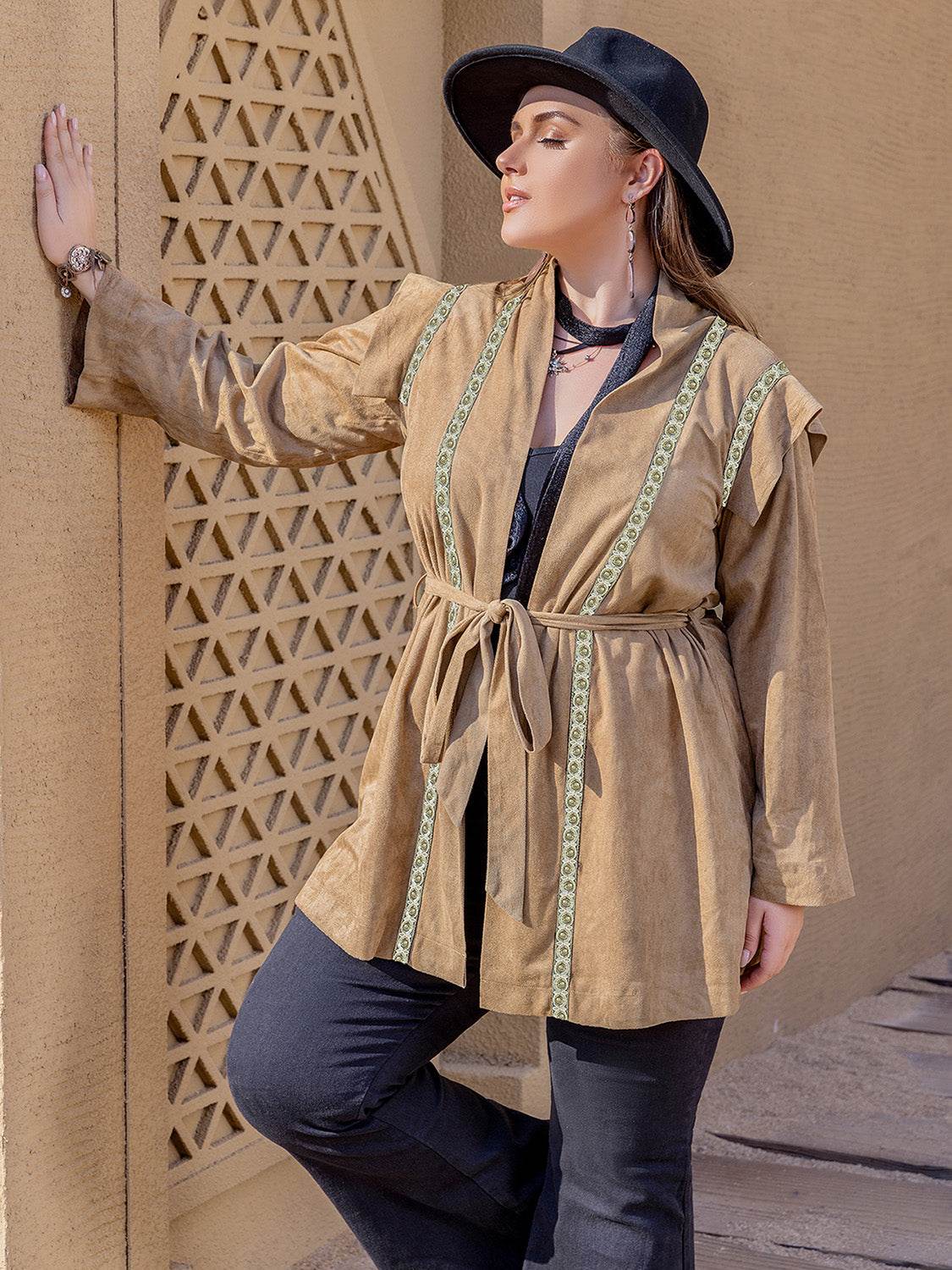 Plus Size Long Sleeve Tie Waist Cardigan - Hovatok