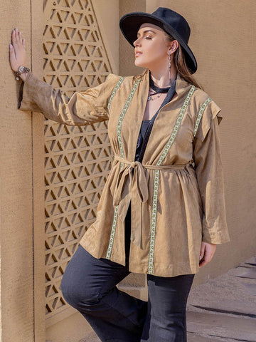 Plus Size Long Sleeve Tie Waist Cardigan - Hovatok