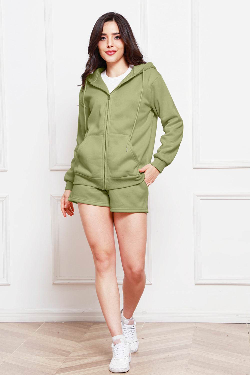 Zip Up Drawstring Hoodie and Shorts Set - Hovatok