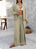 Devine Button Down Long Sleeve Top and Wide Leg Pants Set - Hovatok