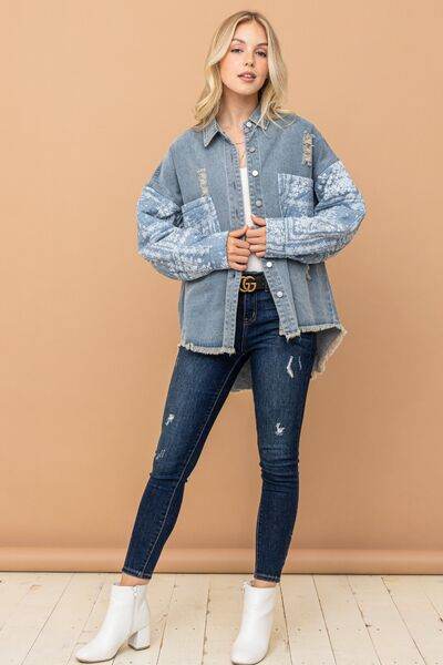 And The Why Full Size Paisley Print Quilted Sleeves Denim Jacket - Hovatok