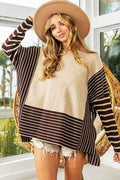 BiBi Striped Contrast Long Sleeve Slit Top - Hovatok