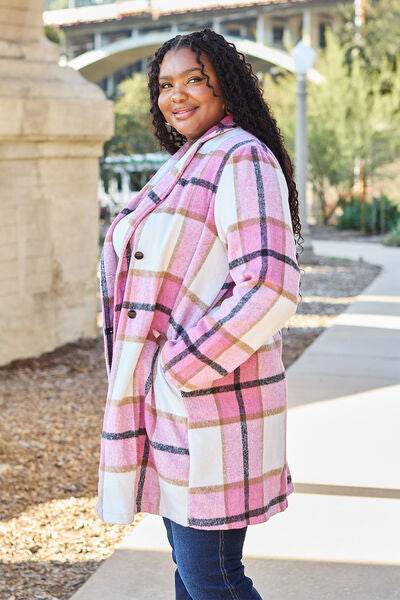 Double Take Full Size Plaid Button Up Lapel Collar Coat - Hovatok