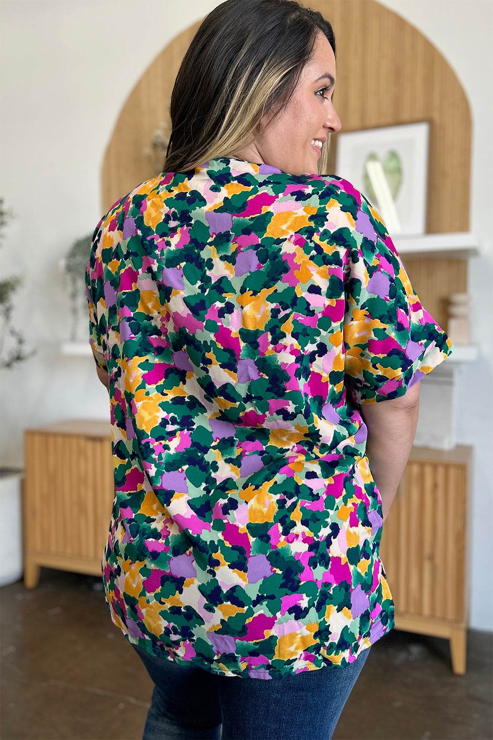 Double Take Full Size Printed V-Neck Short Sleeve Side Slit Top - Hovatok