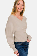 Zenana Cross Wrap Rib Long Sleeve Sweater - Hovatok