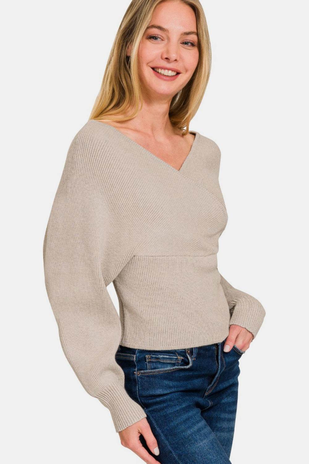 Zenana Cross Wrap Rib Long Sleeve Sweater - Hovatok