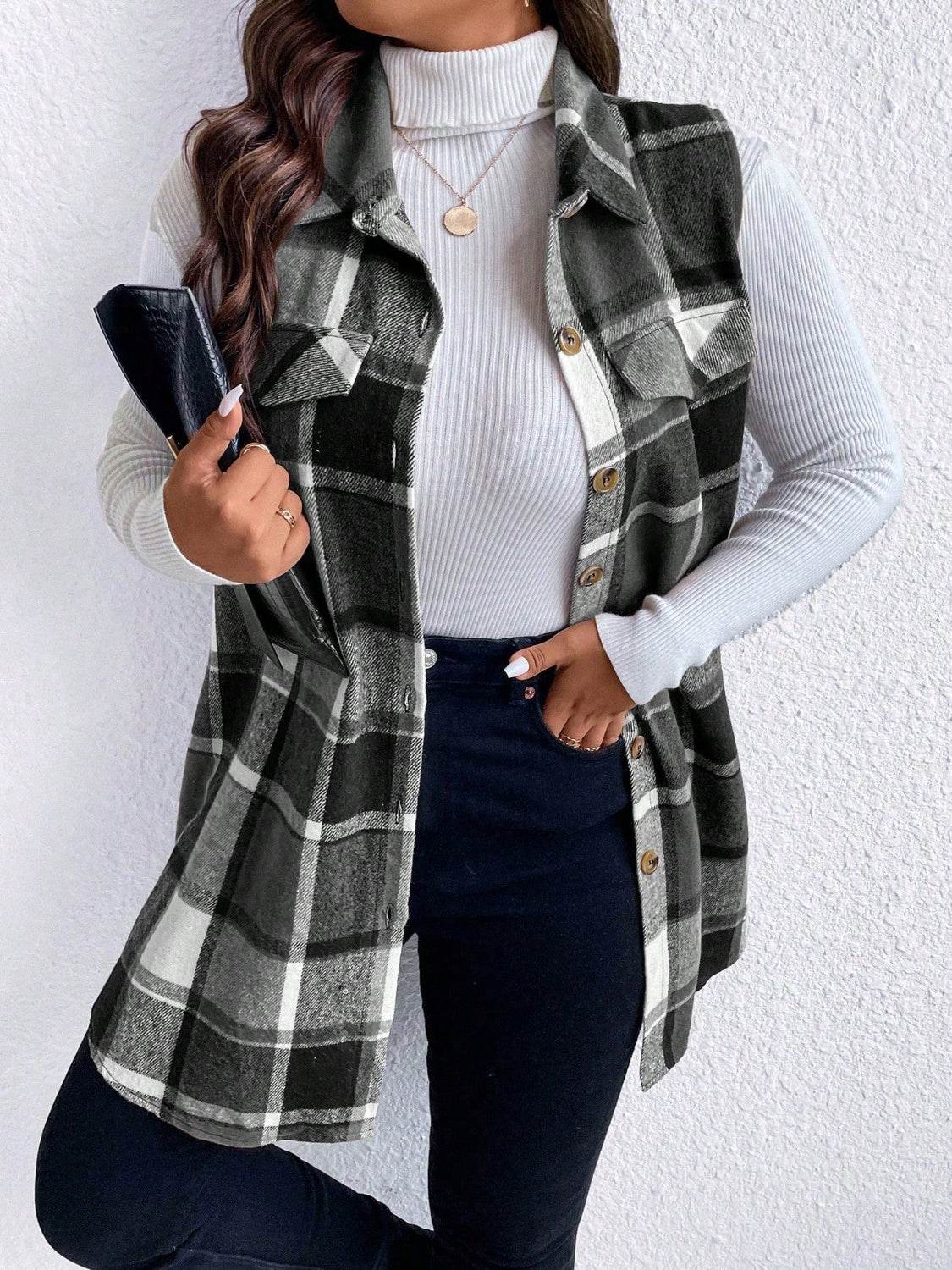 Honey Plus Size Pocketed Plaid Button Up Vest Coat - Hovatok