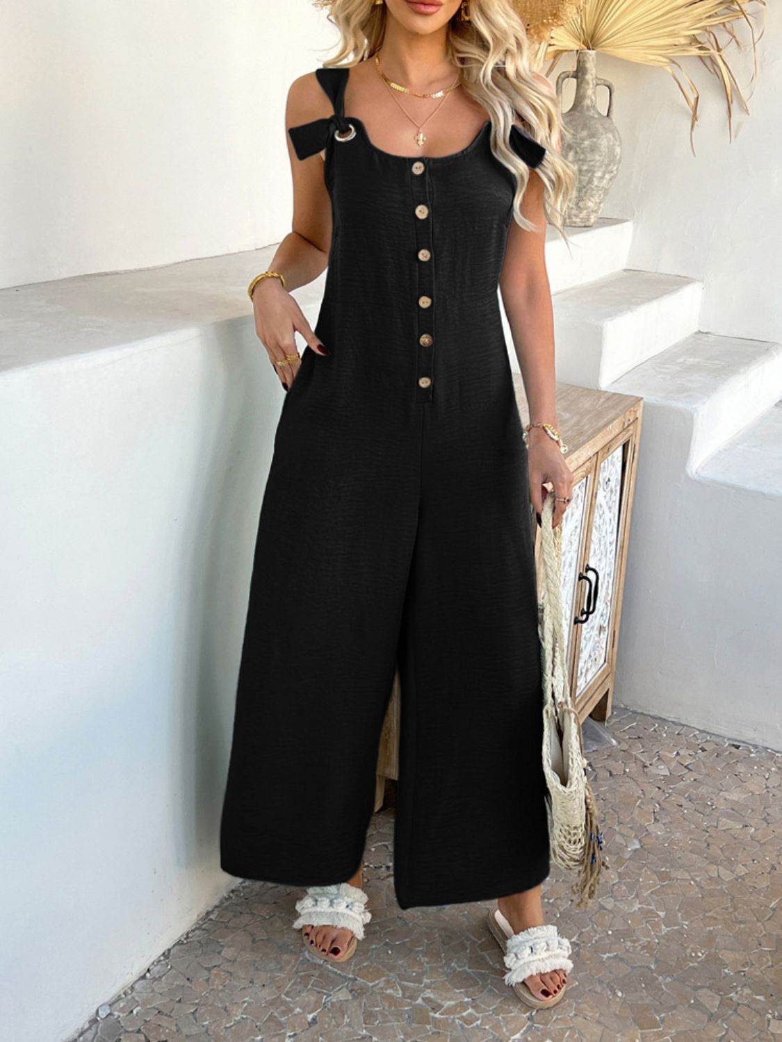 Devine Button Front Knotted Strap Wide Leg Jumpsuit - Hovatok