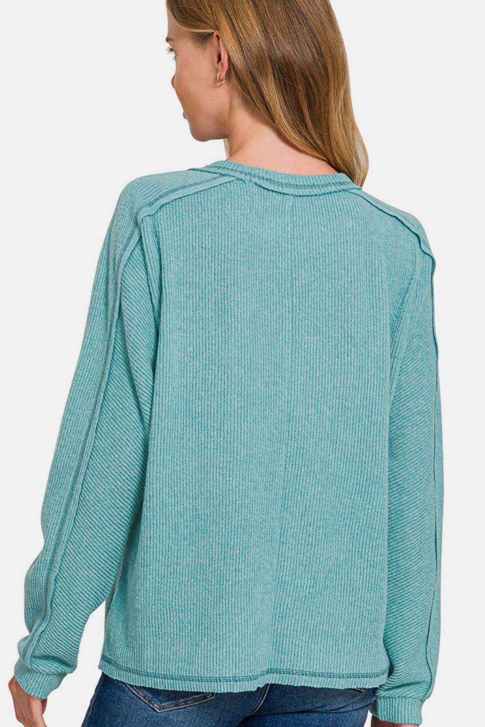 Zenana Full Size Contrast Stitching Brushed Ribbed Hacci Knit Top Plu Size - Hovatok