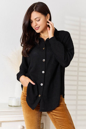 Double Take Waffle-Knit Collared Neck Dropped Shoulder Shirt - Hovatok