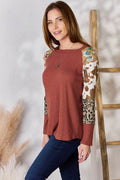 Hailey & Co Full Size Leopard Waffle-Knit Blouse - Hovatok