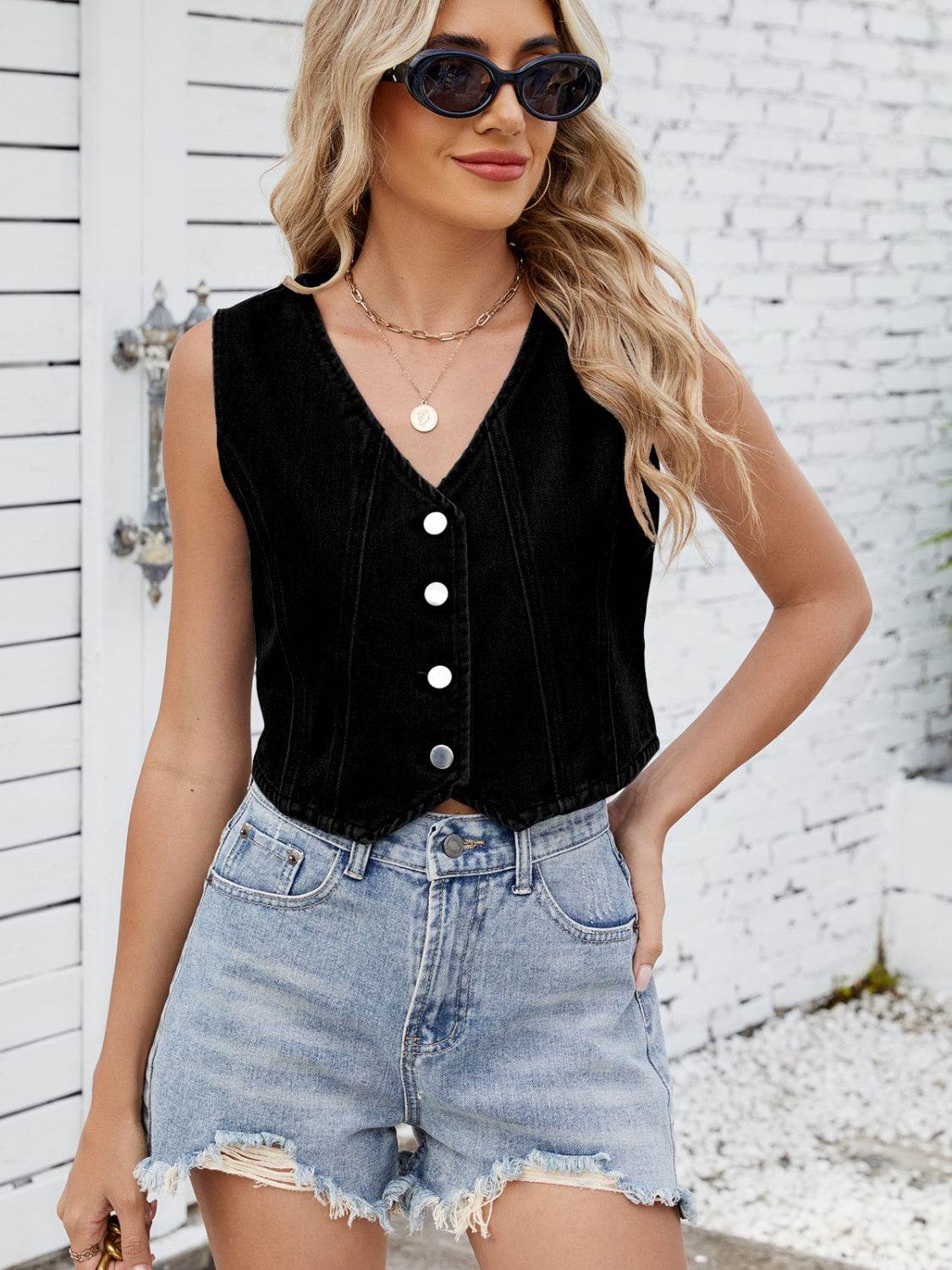 V-Neck Button Down Denim Vest - Hovatok
