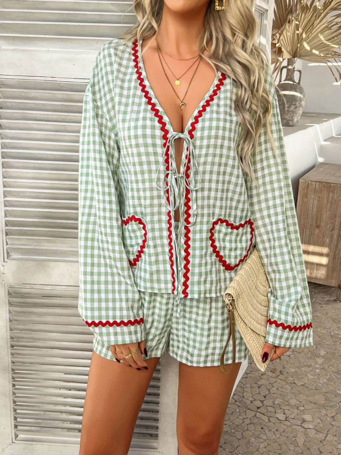 Devine Tie Front Contrast Plaid Shirt and Shorts Set - Hovatok