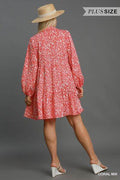 Umgee Full Size Two Tone Print Balloon Sleeve Tiered Dress Plus Size - Hovatok