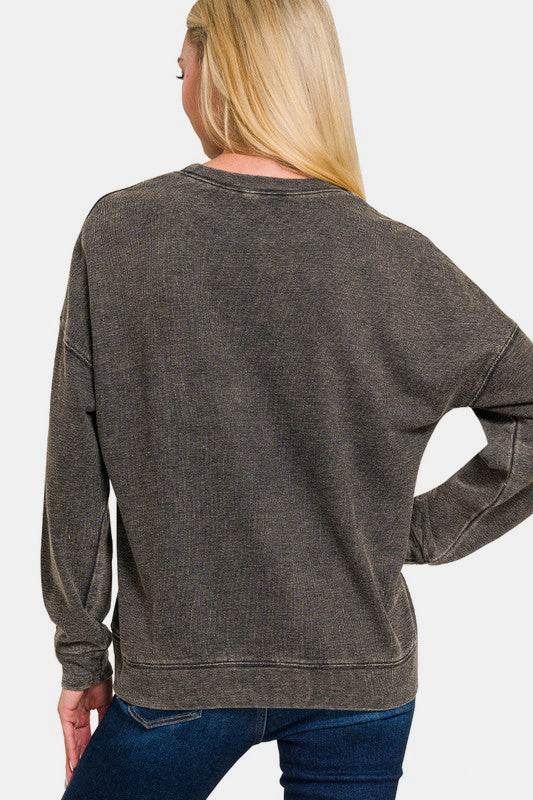 Zenana Washed Round Neck Dropped Shoulder Sweatshirt - Hovatok