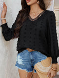 Devine Swiss Dot Lace Detail V-Neck Long Sleeve Blouse - Hovatok