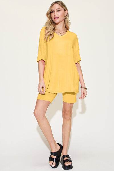 Basic Bae Bamboo Full Size V-Neck Drop Shoulder T-Shirt and Shorts Set - Hovatok