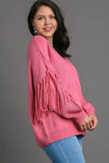Umgee Full Size Fringe Round Neck Long Sleeve Sweater Plus Size - Hovatok