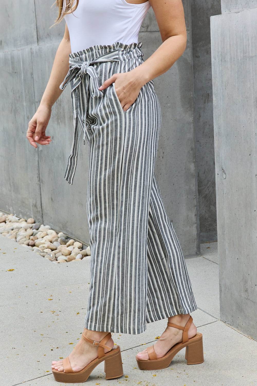 Heimish Find Your Path Full Size Paperbag Waist Striped Culotte Pants - Hovatok