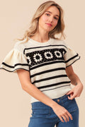 BiBi Granny Square Short Sleeve Striped Sweater - Hovatok
