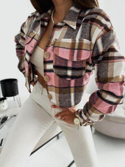 Pocketed Collared Neck Long Sleeve Plaid Jacket - Hovatok