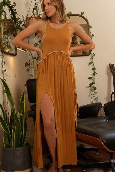 POL Sleeveless Back Zipper Front Slit Maxi Dress - Hovatok