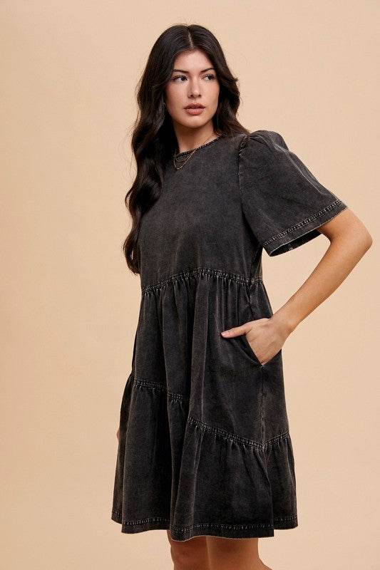 Annie Wear Mineral Washed Round Neck Short Sleeve Denim Dress - Hovatok