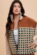 Annie Wear Plaid Zip Up Drop Shoulder Sherpa Jacket - Hovatok