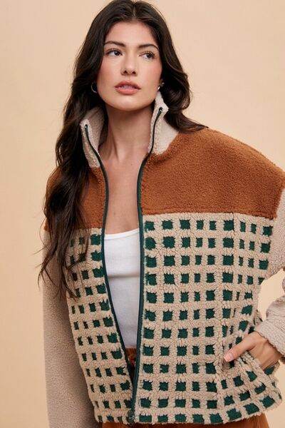 Annie Wear Plaid Zip Up Drop Shoulder Sherpa Jacket - Hovatok