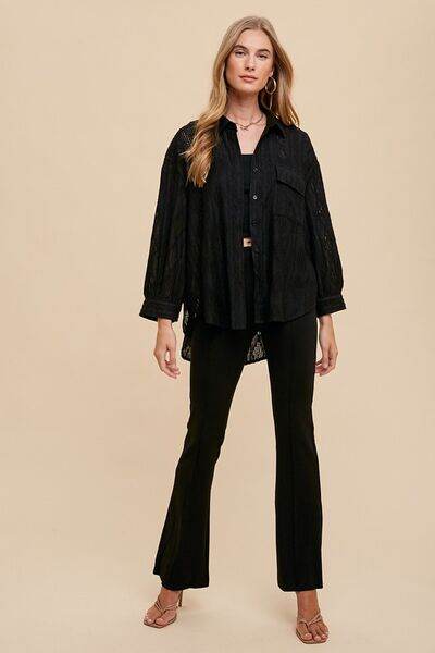 Annie Wear Openwork Button Down Drop Shoulder Shirt - Hovatok