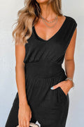 Smocked Sleeveless V Neck Jumpsuit - Hovatok