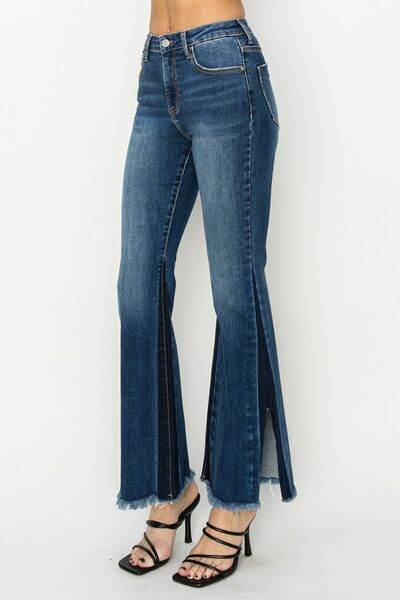 RISEN Full Size High Rise Side Shadow Seam Detail Slit Flare Jeans - Hovatok