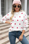Angel Wings Woven Right Polka Dot Round Neck Dropped Shoulder Sweater - Hovatok