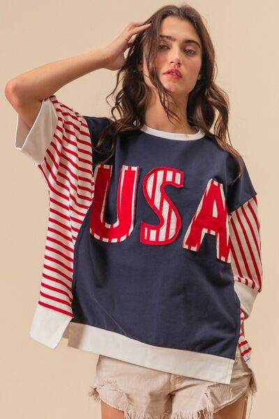 BiBi USA Letter Patchwork Contrast Short Sleeve T-Shirt - Hovatok