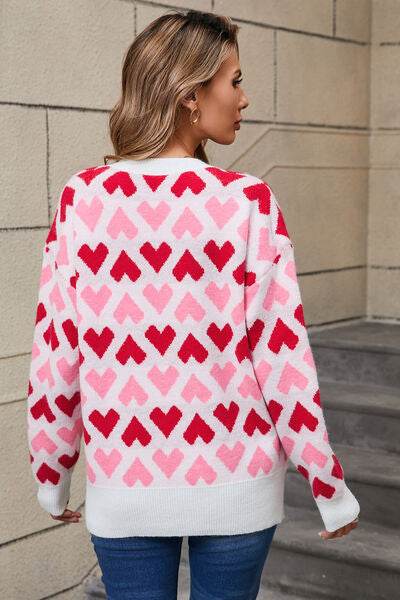 Angel Wings Contrast Heart Round Neck Sweater - Hovatok