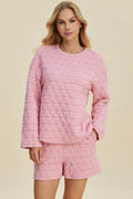 Double Take Full Size Texture Round Neck Long Sleeve Top and Shorts Set - Hovatok