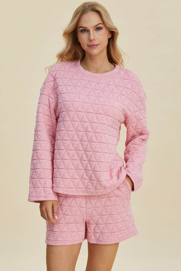 Double Take Full Size Texture Round Neck Long Sleeve Top and Shorts Set - Hovatok