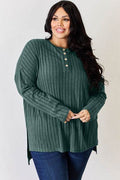 Basic Bae Full Size Ribbed Half Button Long Sleeve High-Low T-Shirt - Hovatok