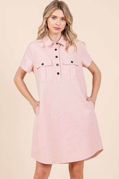 Mittoshop Button Detail Collared Neck Short Sleeve Shirt Dress - Hovatok