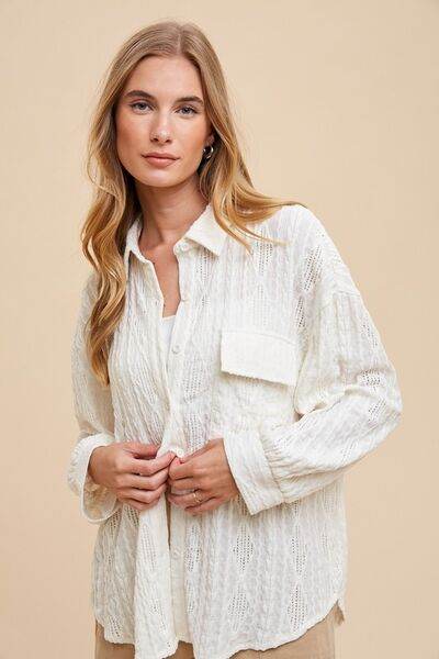 Annie Wear Openwork Button Down Drop Shoulder Shirt - Hovatok