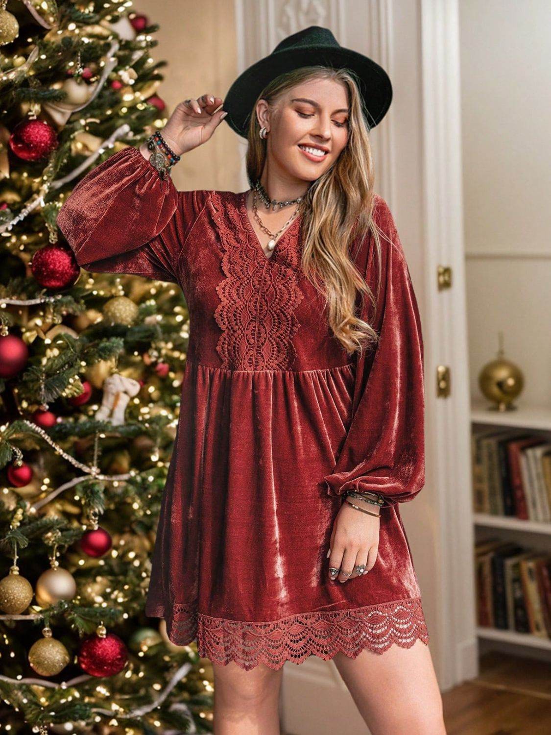 Plus Size Lace Detail V-Neck Long Sleeve Mini Dress - Hovatok