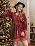 Plus Size Lace Detail V-Neck Long Sleeve Mini Dress - Hovatok