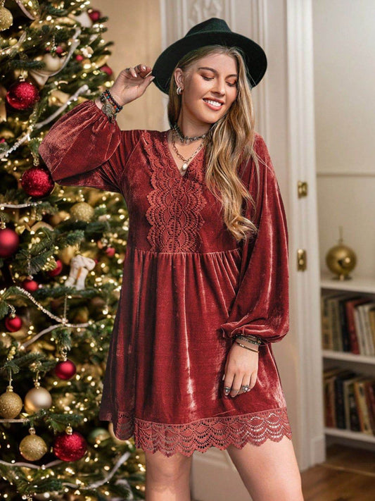Plus Size Lace Detail V-Neck Long Sleeve Mini Dress - Hovatok